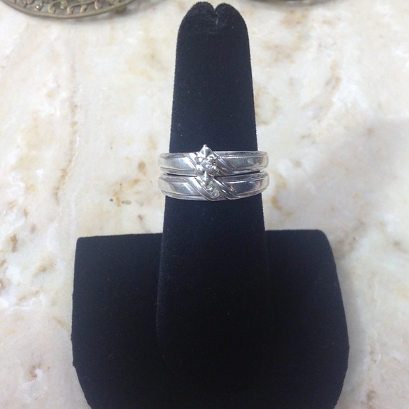 VTG STERLING  SILVER DIAMOND WEDDING RING SET - Picture 2 of 5